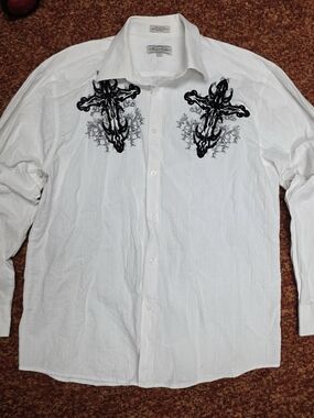Eighty Eight White Long-Sleeve Button Shirt with Black Cross Design